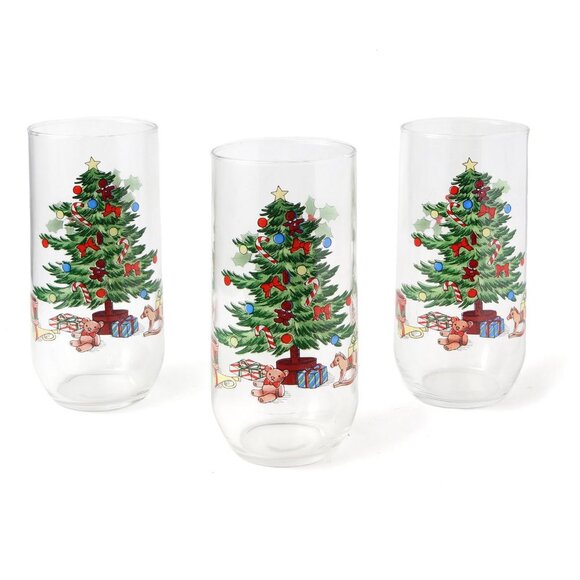 Vintage Luminarc Christmas Tree Glass Cups Round Bottom Slender Holidays Holly - Picture 1 of 8
